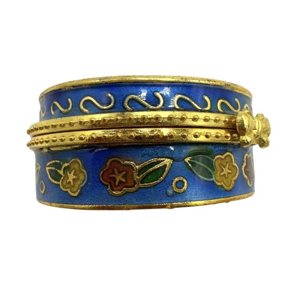 Vtg Cloisonné Round Blue Enamel Butterfly Floral Hinged Trinket Pill Box 2” - Picture 3 of 7